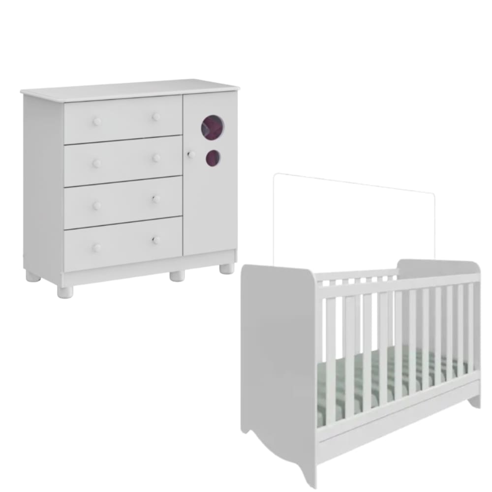 Kit Berço e Cômoda Peroba Bolinha Cor Branco Quarto Infantil