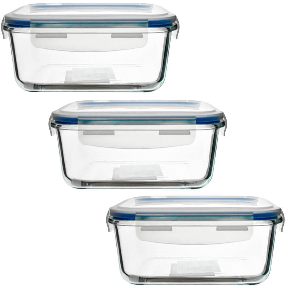 Conjunto de Potes Herméticos de Vidro com Travas Retangular 370ml 3 Peças - Vista Home