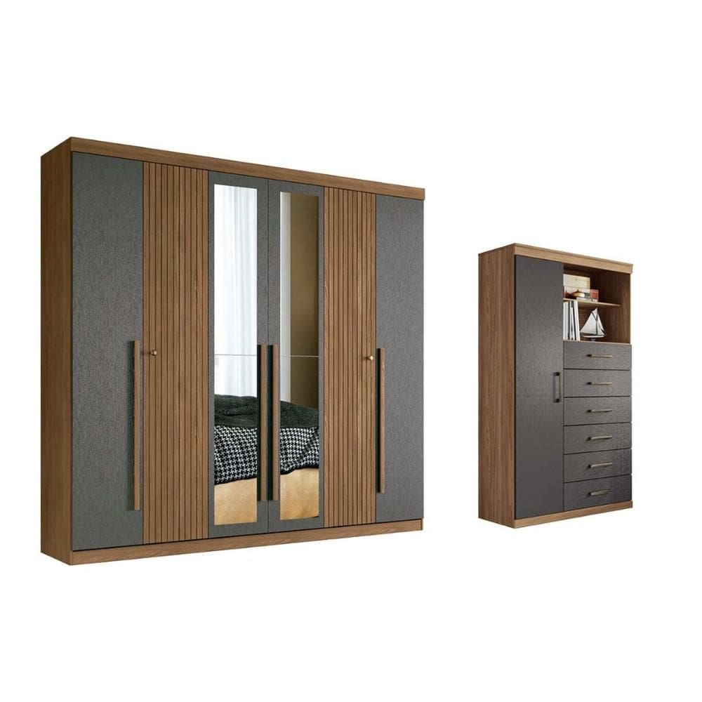 Guarda Roupa 2 Peças (1GuardaRoupa+1Cômoda) QC361 Jatobá/Grafite - Santos Andirá