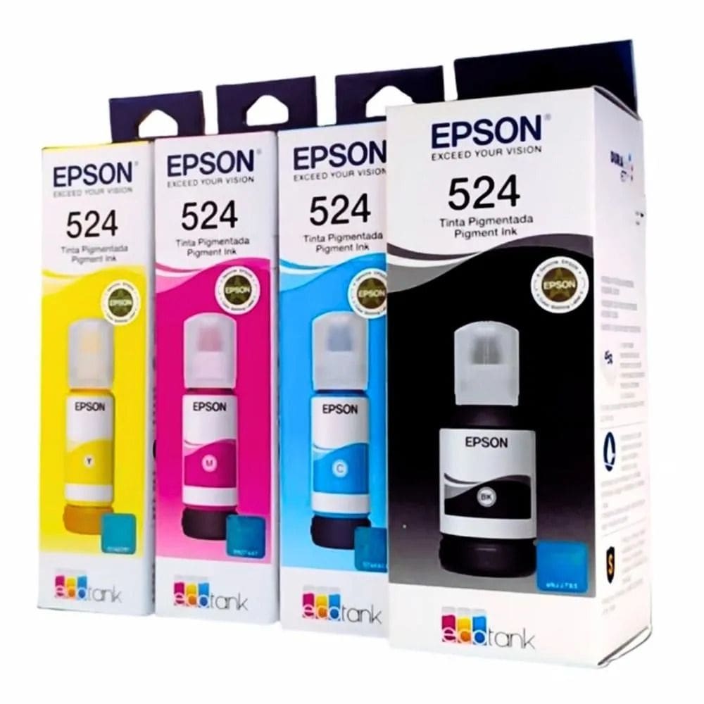 Kit 04 Refil De Tinta Pigmentadas Epson T524 - L15160, L15150, L6490, Vencimento 12/2028