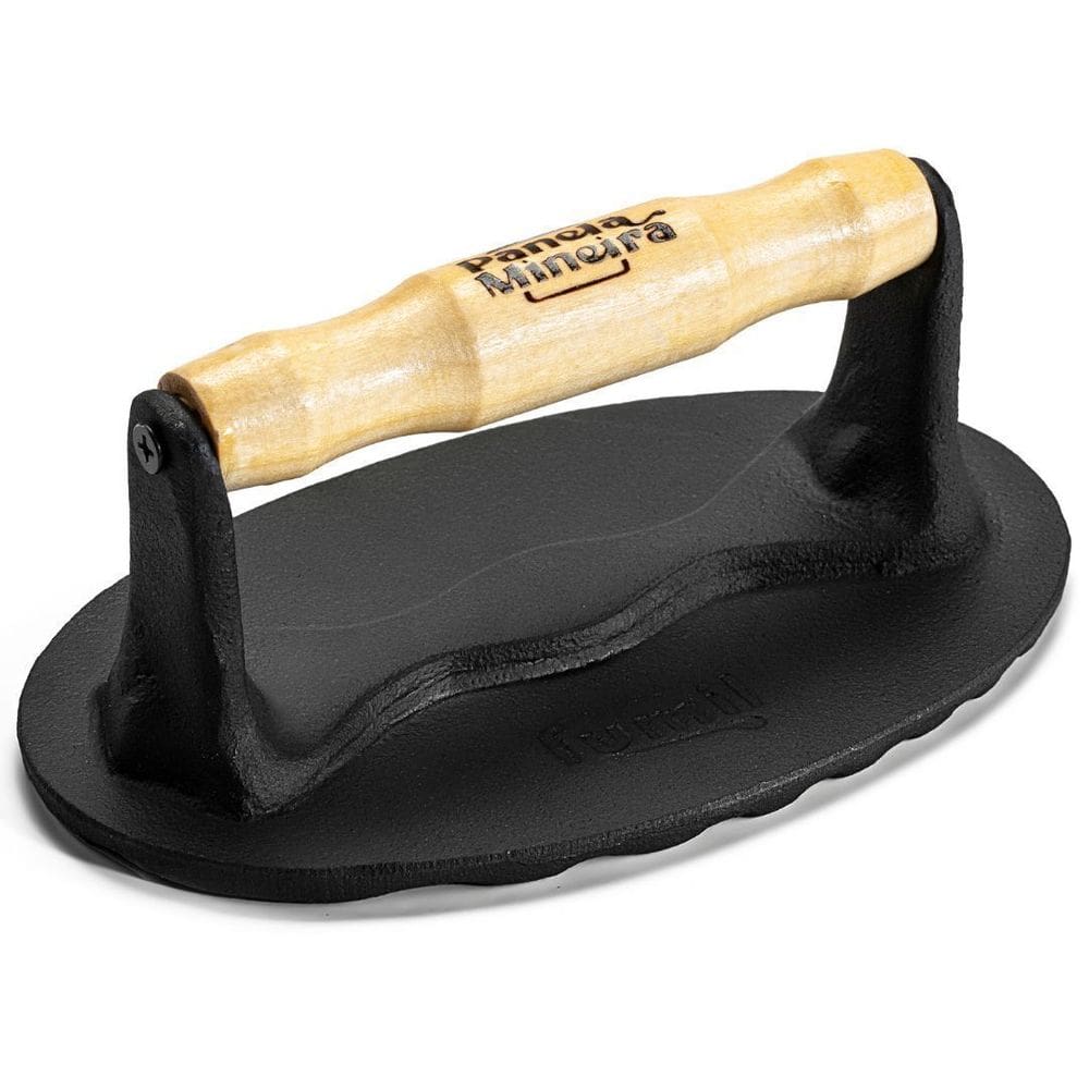 Prensador oval 18×7cm alça madeira ferro fundido Panela Mineira