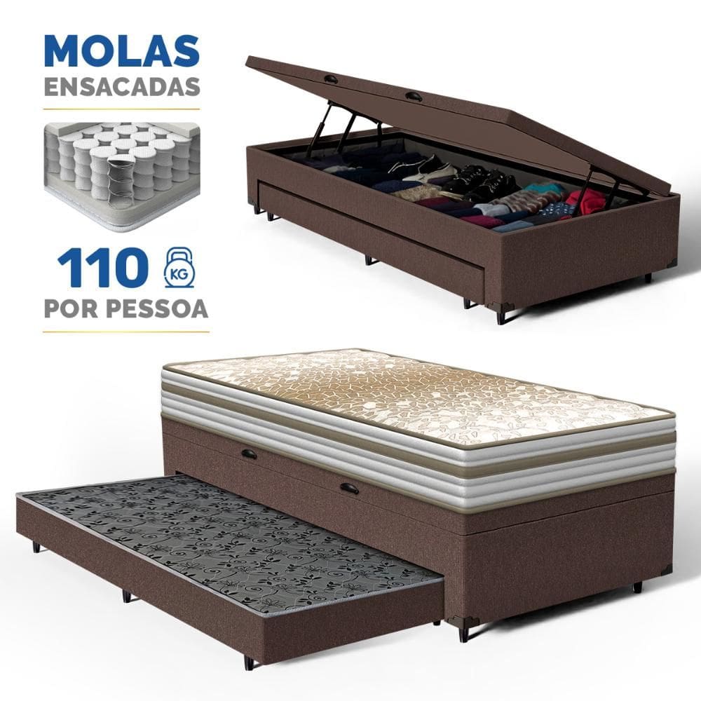 Cama Box Baú com Colchão de Molas Ensacadas Double Face Pillow Euro Alfa Probel + Auxiliar Solteiro 88cm