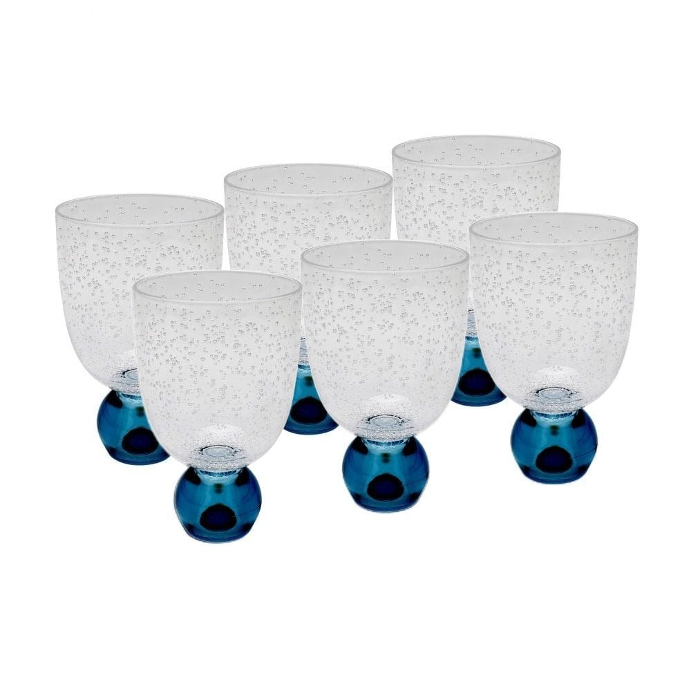 Cj 6 Copos Baixos de Acrílico C/Detalhes Bolhas Transparente e Base de Esfera Azul 360ml Entrecasa