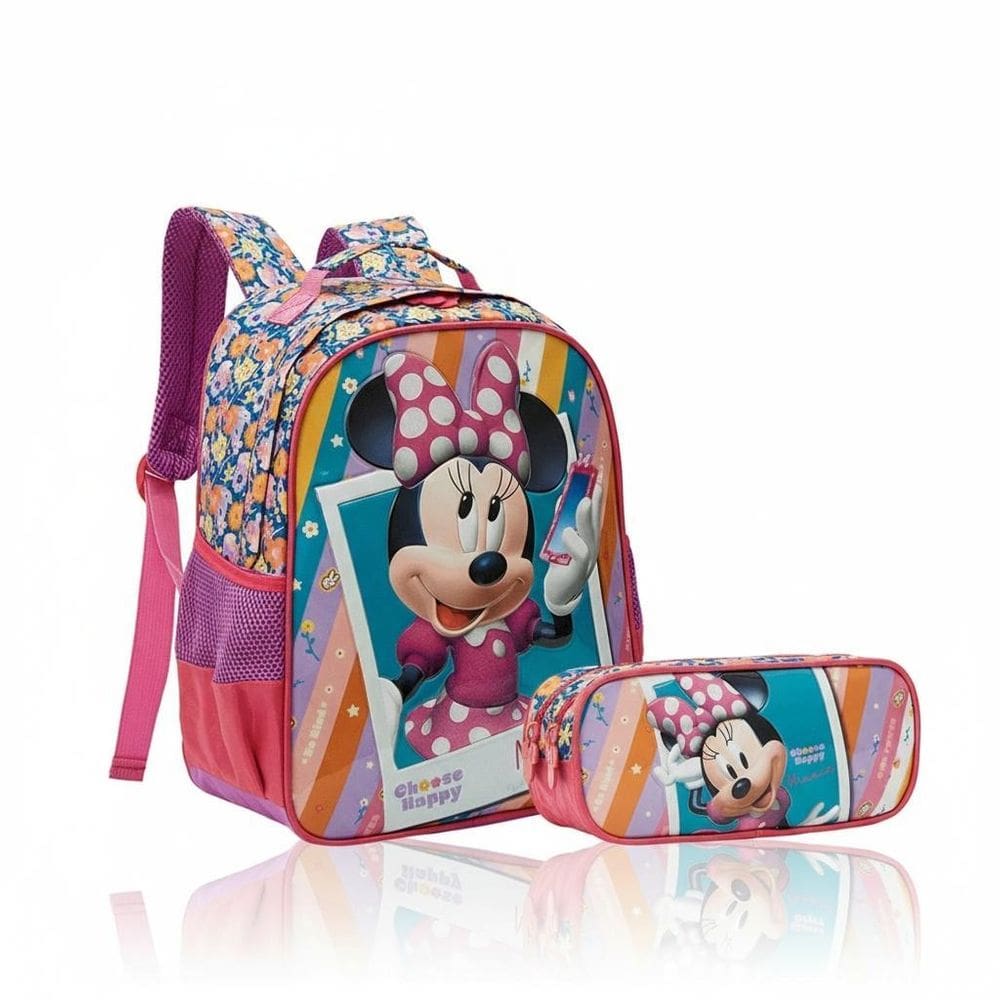 Mochila Costas Escolar Infantil + Estojo Duplo Minnie Mouse