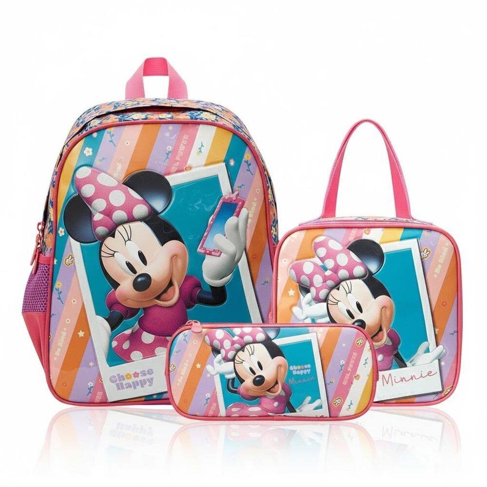 Kit Mochila Costas+ Estojo Duplo+ Lancheira Minnie Mouse R1
