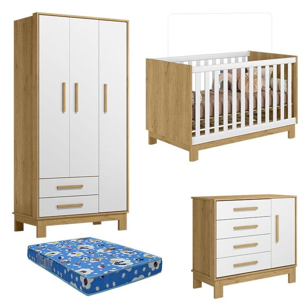 Quarto de Bebê Q Encanto Slim Freijó TOQ Branco Acetinado com Colchão Ortobom - Qmovi