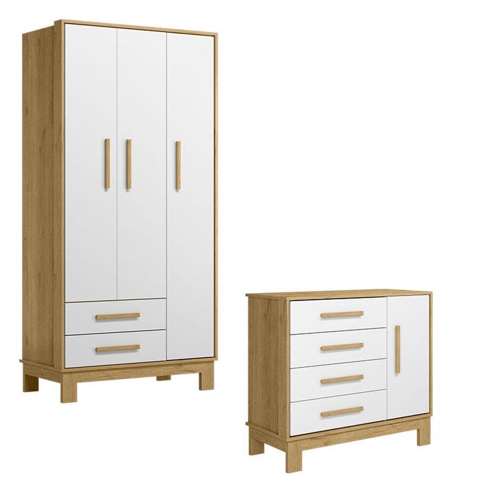 Guarda Roupa 4340 e Cômoda 4355 Q Encanto Slim Freijó TOQ Branco Acetinado - Qmovi