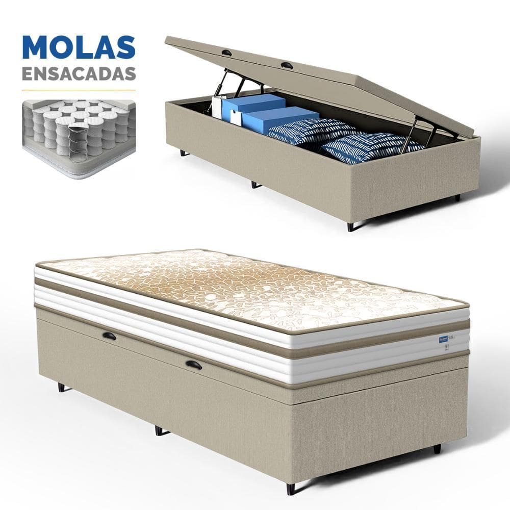 Cama Box Baú com Colchão de Molas Ensacadas Double Face Pillow Euro Alfa Probel Solteiro 88cm
