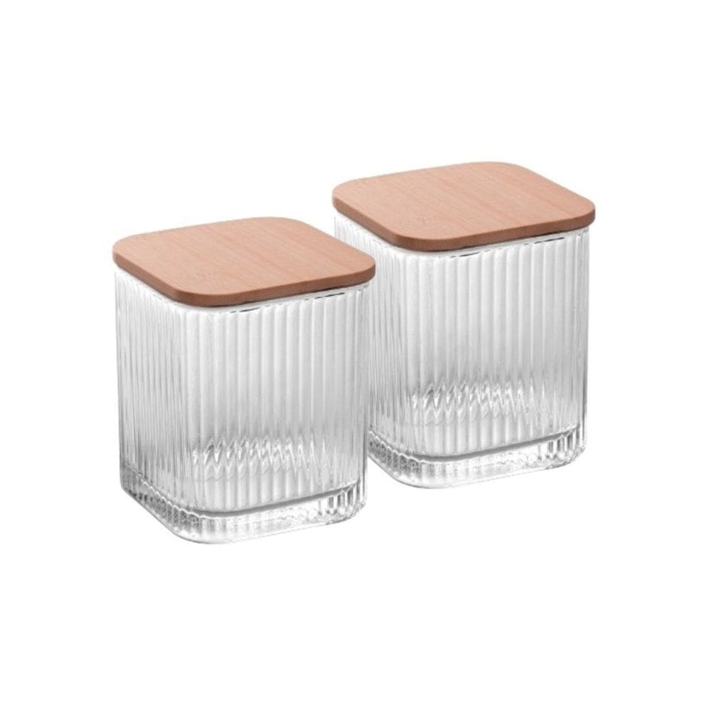 Cj 2 Potes Porta Cotonetes/Algodão de Vidro C/Tampa de Bambu Lines 9,5x8cm Lyor