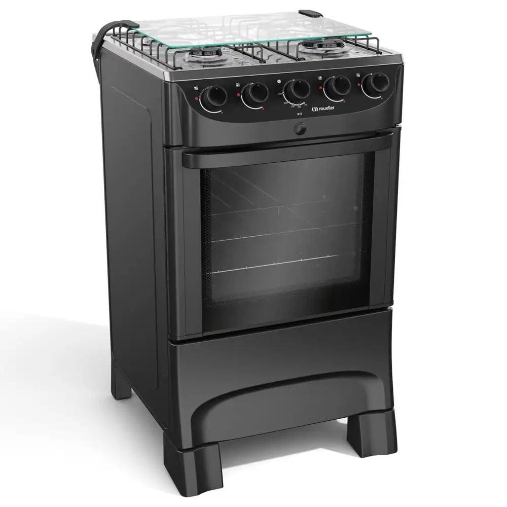 Fogão 4 Bocas a Gás Mueller com Acendimento Automático e Forno 48L Preto Fosco Bivolt - MFI4BB
