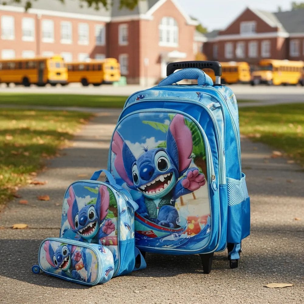 Kit Mochila Impermeável Rodinha + lancheira térmica + estojo -Stitch Surf3D