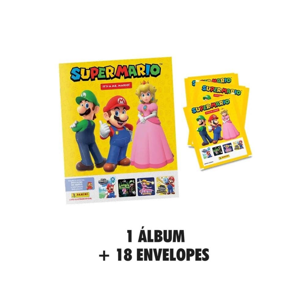 Super Mario 2026 - Álbum Capa Cartão + 18 Envelopes