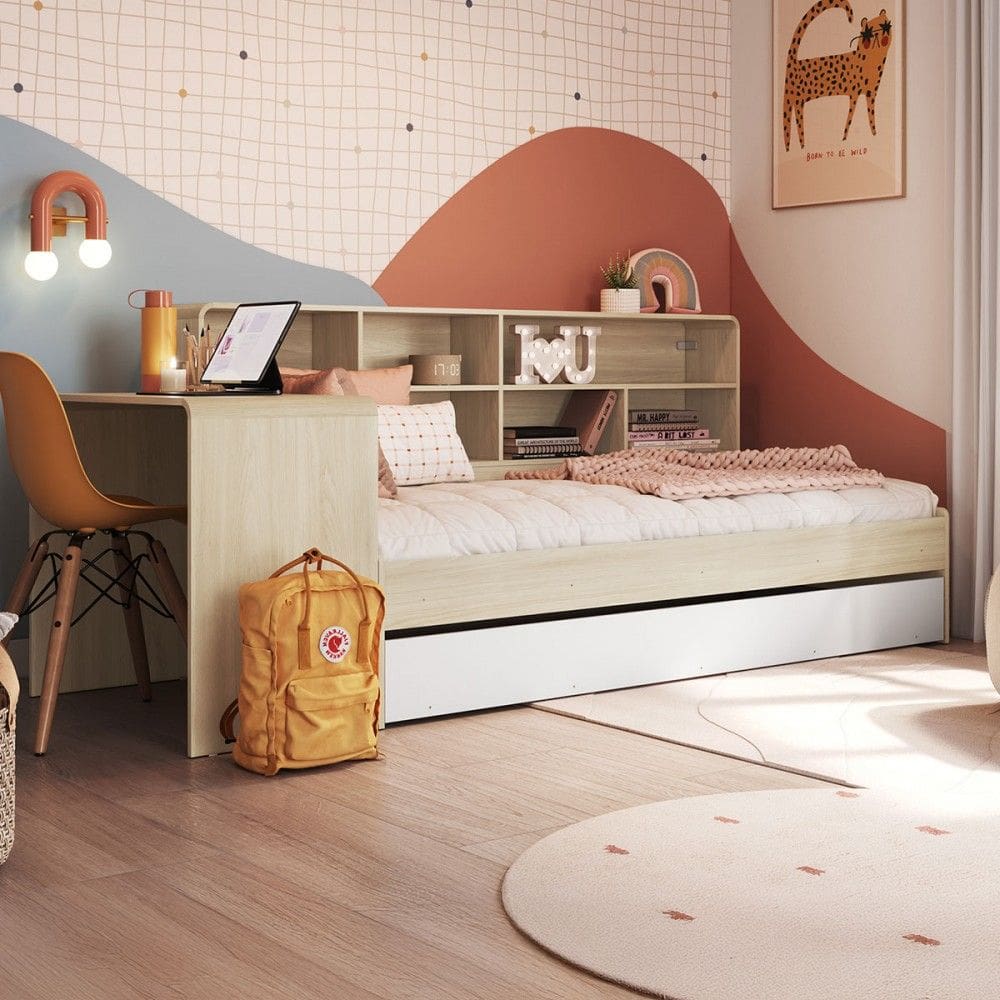Cama Solteiro Infanto Juvenil com Escrivaninha para Estudo Estante e Cama Auxiliar Carvalho/Branco - Completa Móveis