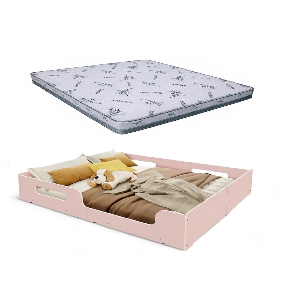 Cama Casal Montessoriana Infantil Princesa Grade de Proteção Lateral + Colchão Casal D23 -Rosa