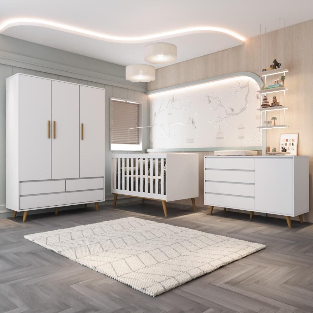 Quarto Bebê Completo Berço Americano 3Em1 Cômoda 4 Gavetas 1 Porta Guarda Roupa Lorena 100% MDF