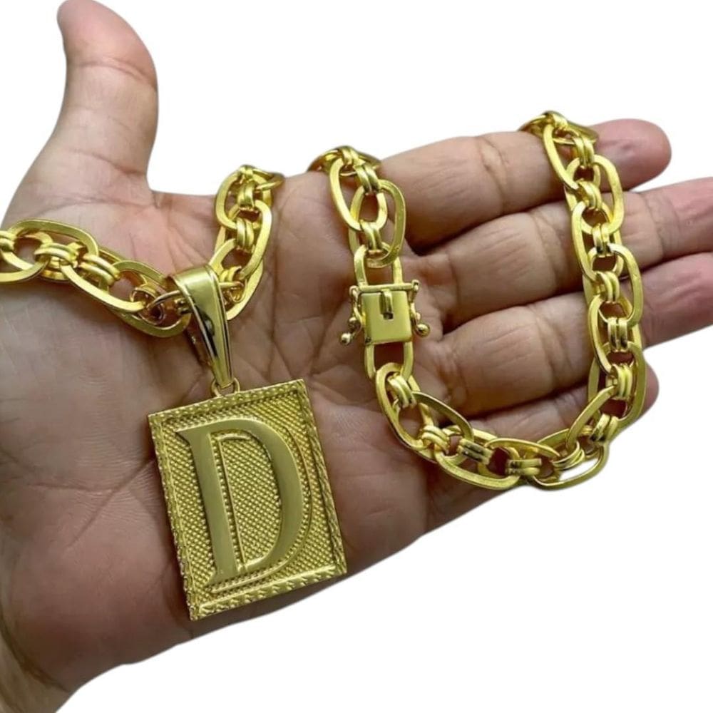 Cordão 10Mm Imperador + Pingente Letra - Banhado A Ouro