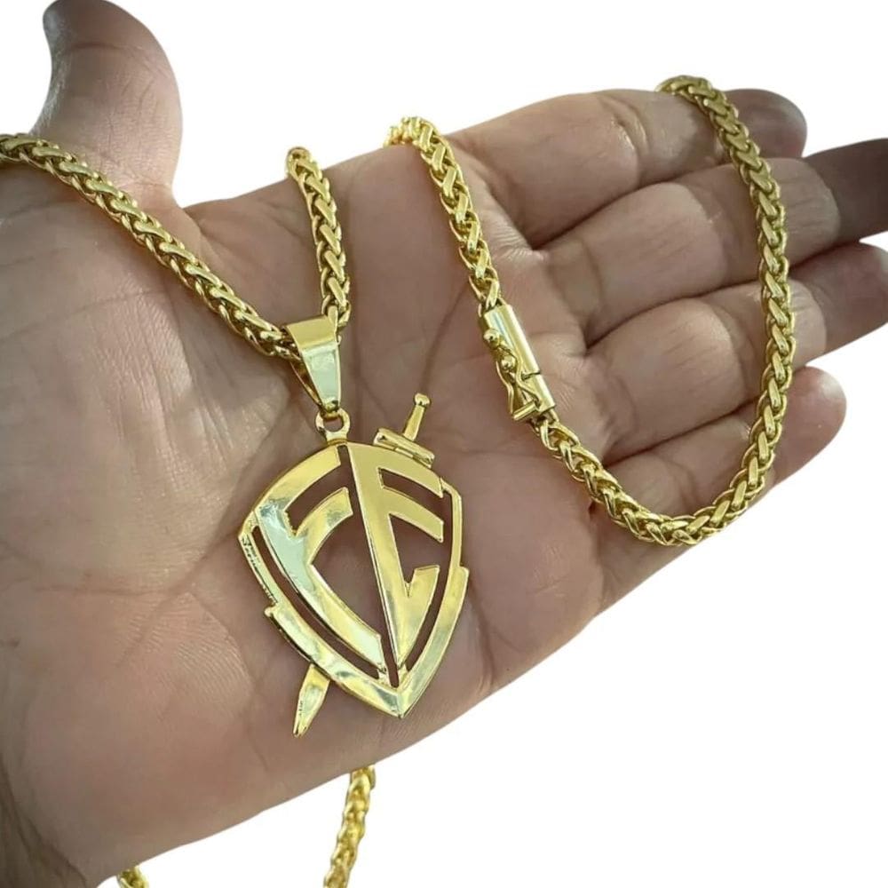 Cordão 5Mm Peruano + Pingente Escudo Fé - Banhado A Ouro