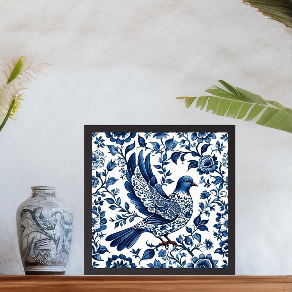 Quadro Pomba Branca Estilo Azulejo Português - 33X33Cm