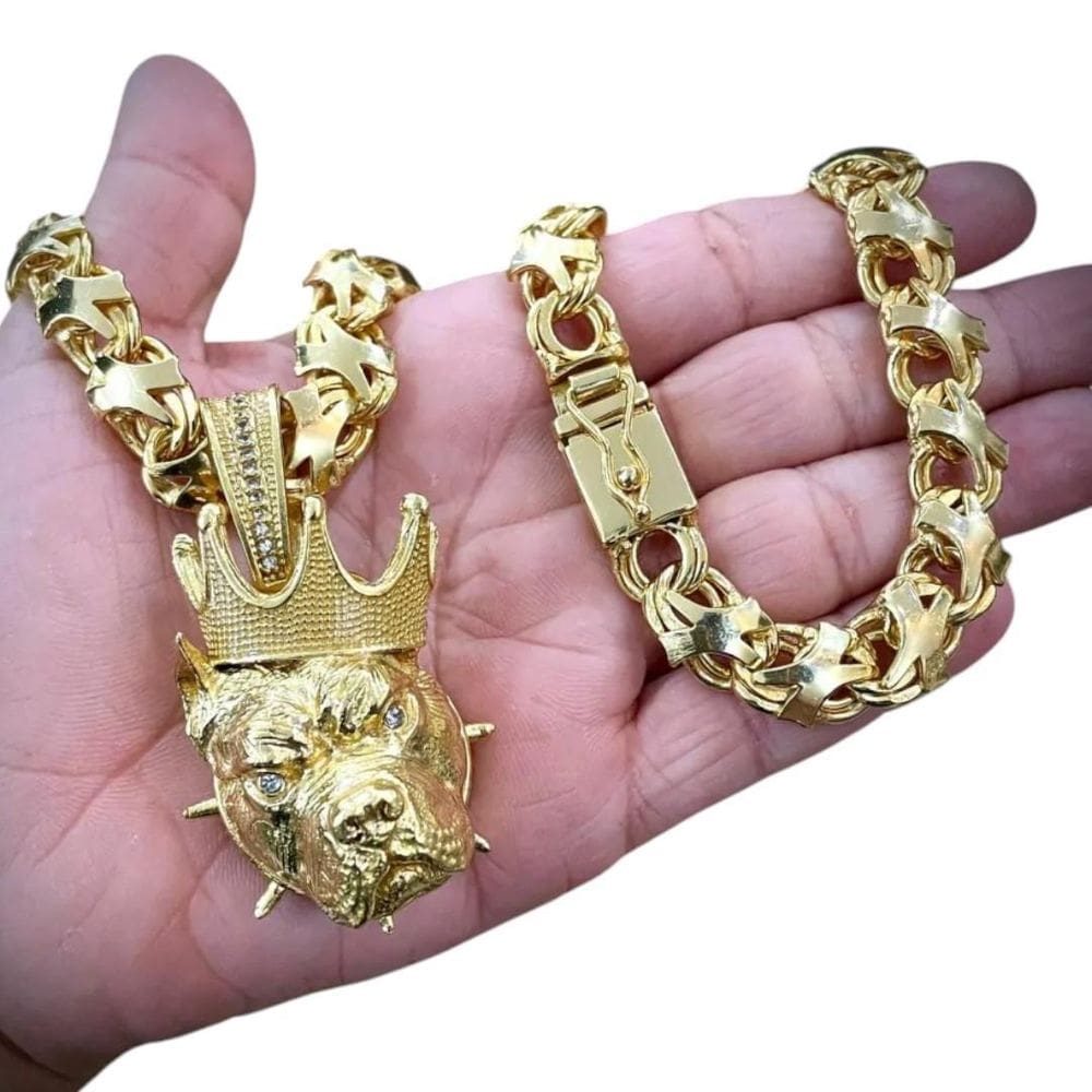 Cordão 13Mm Friso X + Pingente Pitbull Rei - Banhado A Ouro