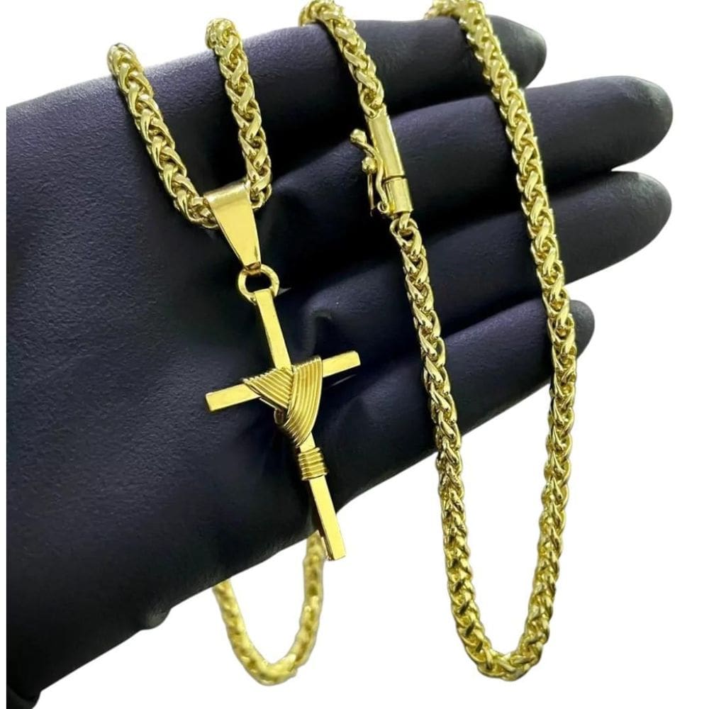 Cordão 5Mm Peruano + Pingente Cruz Fio - Banhado A Ouro