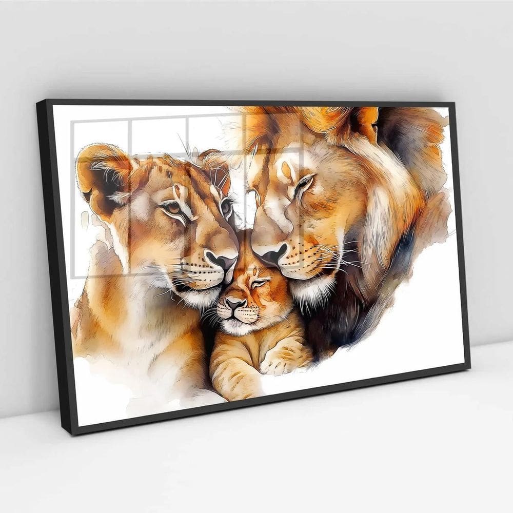 Quadro Família Leões Aquarela Fundo Branco - 50X70Cm