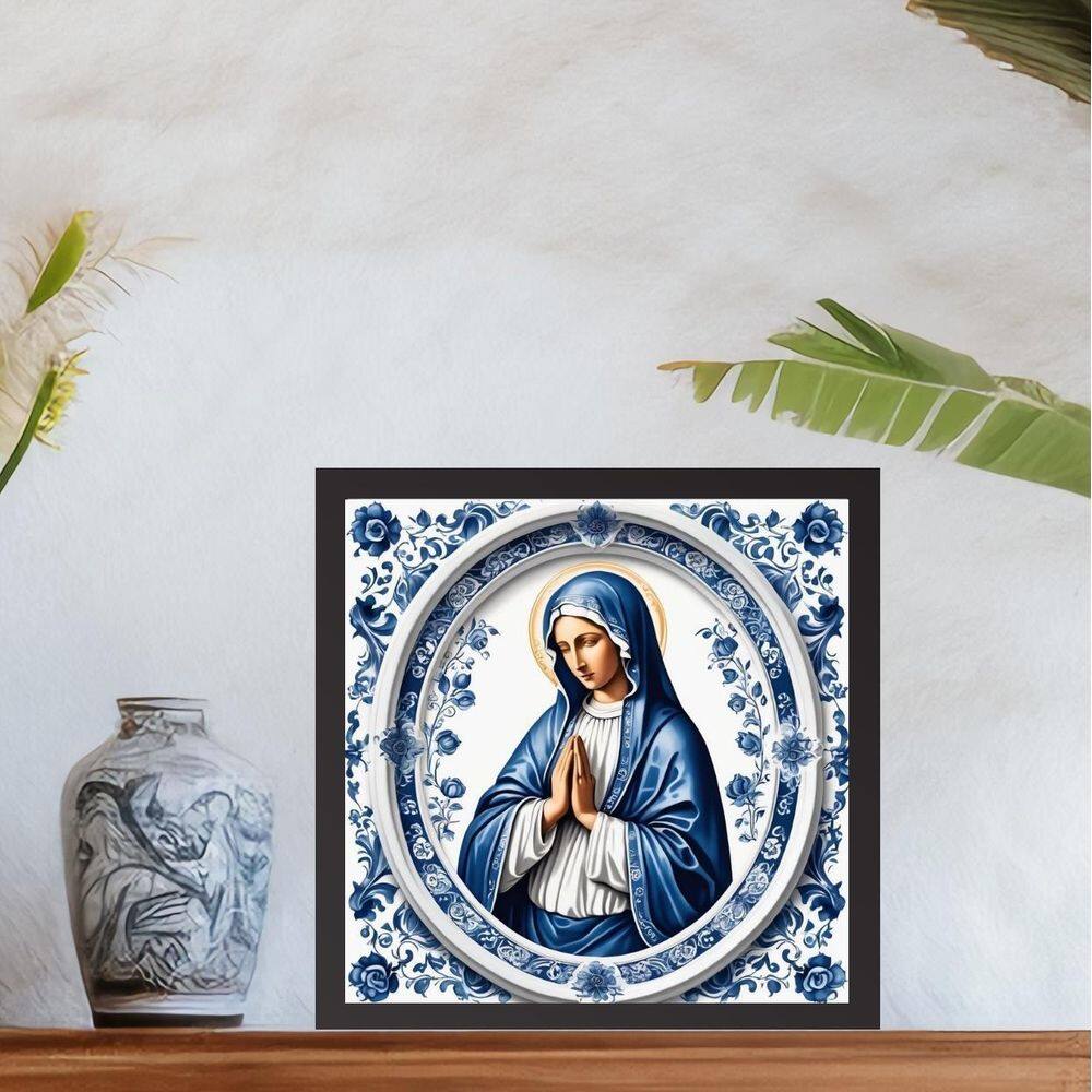 Quadro Nossa Senhora Estilo Azulejo Português 33X33Cm Vidro
