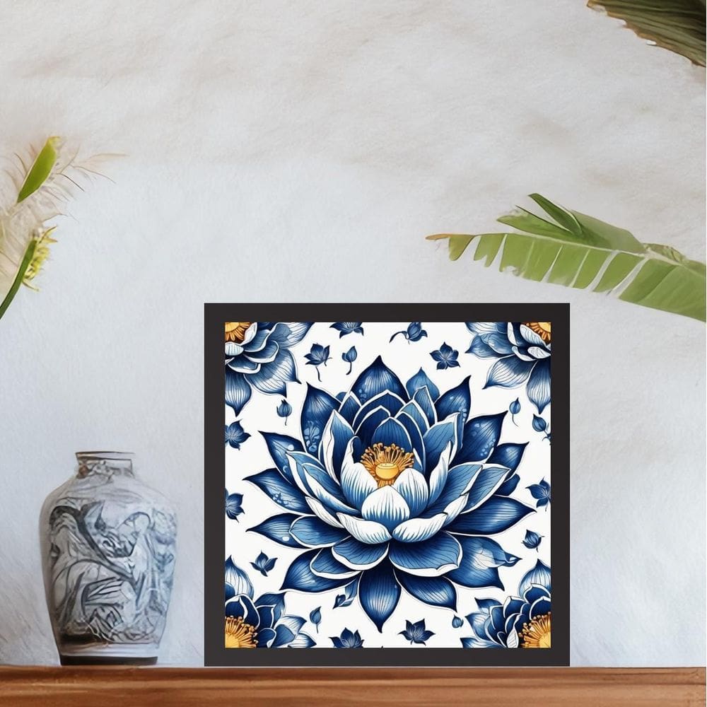 Quadro Flor De Lotus Estilo Azulejo Português - 33X33Cm