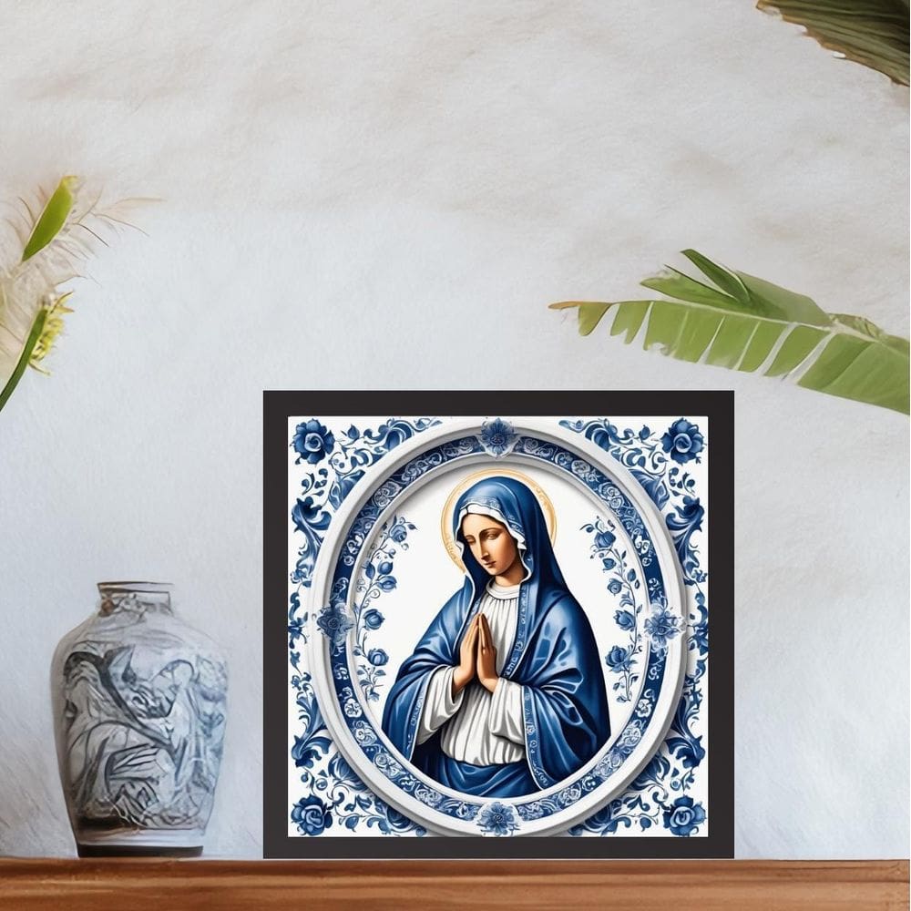 Quadro Nossa Senhora Estilo Azulejo Português 33X33Cm Vidro