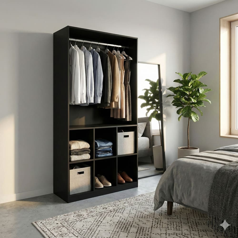 Armário Estante Colmeia Com 6 Nichos + 01 Cabideiro Lojas Closet Guarda Roupas Organizador Preto