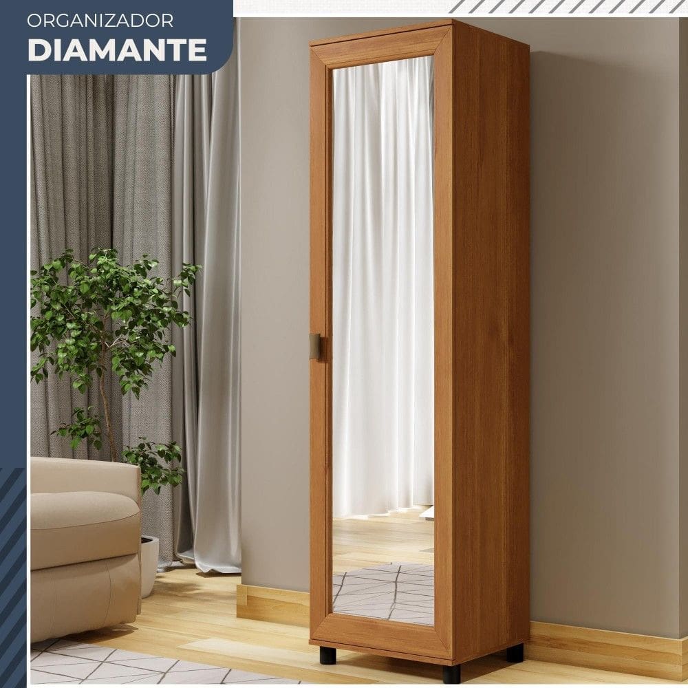 Armario Organizador Diamante 1 Porta Espelhada 5 Prateleiras Benetil Moveis