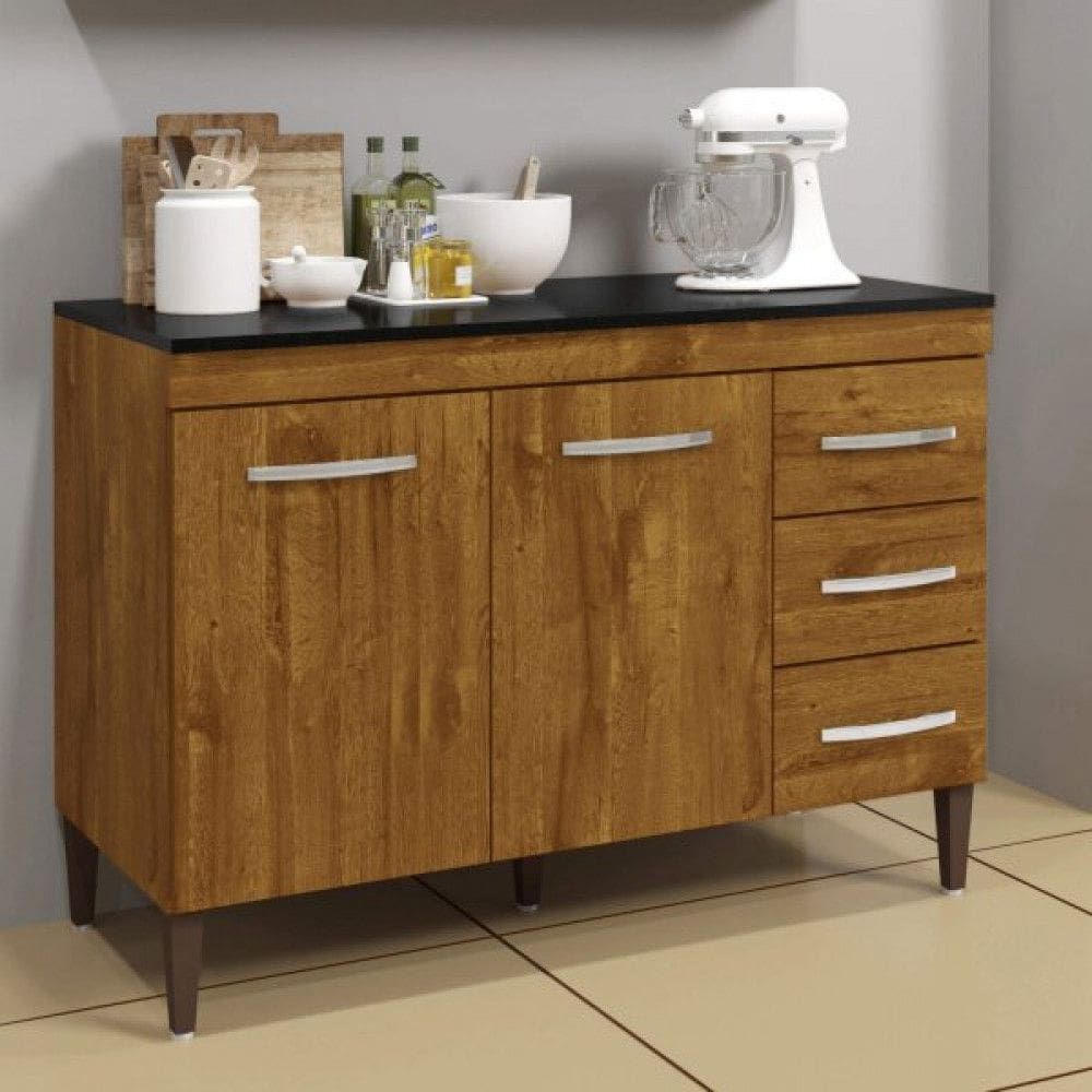 Balcao de Cozinha Virtus com Tampo  Ipe 3 Gavetas 2 Portas Kaiki Moveis