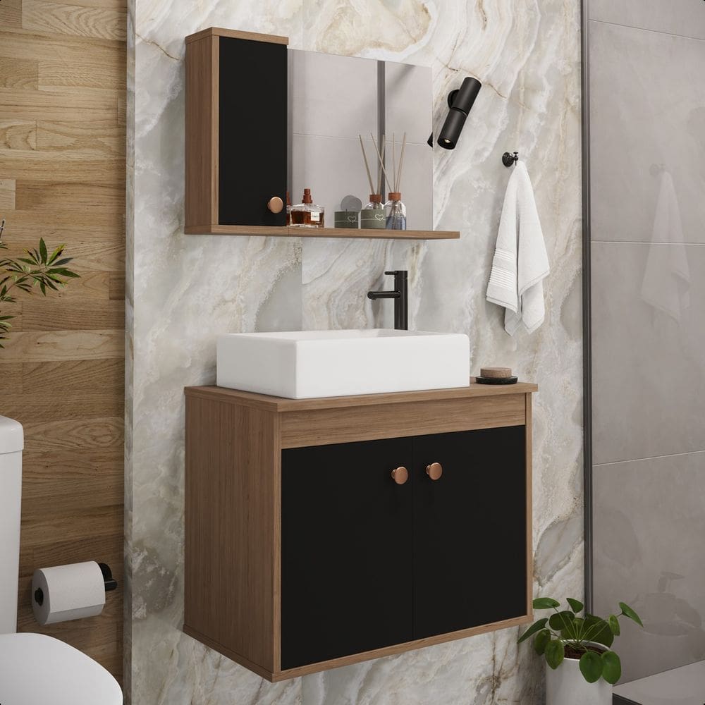 Conjunto Gabinete Para Banheiro Pratiko Avelato Preto - Rede Móveis