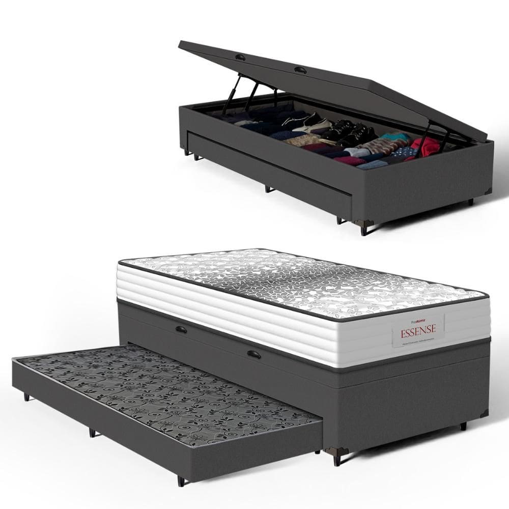 Cama Box Baú com Colchão de Molas Ensacadas Double Face Essence Probel + Auxiliar Solteiro 88cm