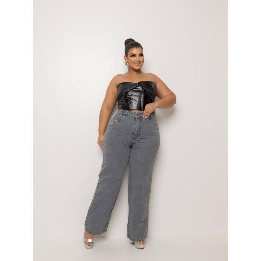 Calça Jeans Feminina Retrô Wide Leg Plus Size Pantalona