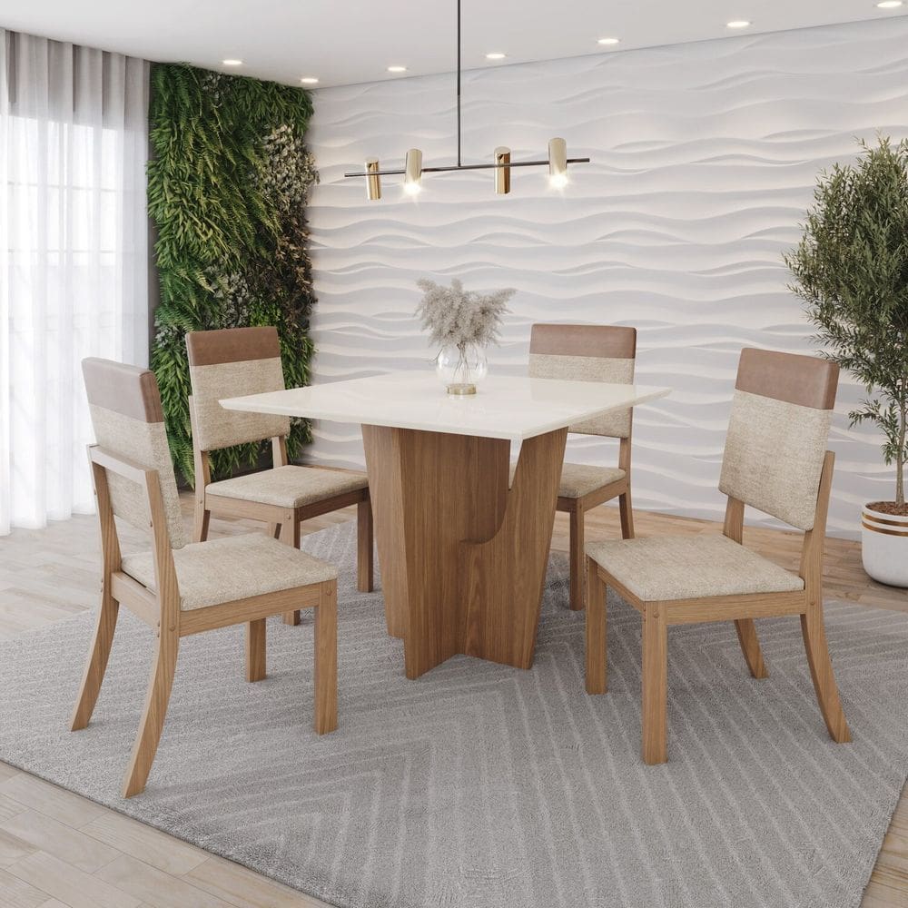 Conjunto Mesa Vértice 90cm sem Vidro 04 Cadeiras Milla Plus Marrom/Off White/Caramelo/Creme