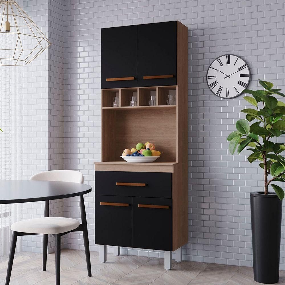 Paneleiro Zínia 4 Portas 1 Gaveta Cozinha Mb1 200cm Cor Savana Preto