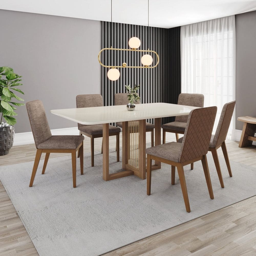 Conjunto Mesa Natalí 160cm com Vidro 06 Cadeiras Pietra Marrom/ Off White/ Caramelo/ Cacao