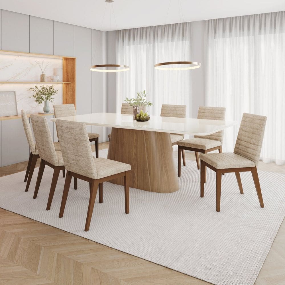 Conjunto Mesa Olívia 200cm com Vidro 08 Cadeiras Elena Marrom/ Off White/ Creme