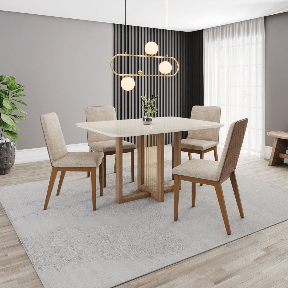 Conjunto Sala Jantar Mesa Natalí 120cm Canto Arredondado com Vidro 4 Cadeiras Pietra Marrom/Off White/Caramelo/ Creme