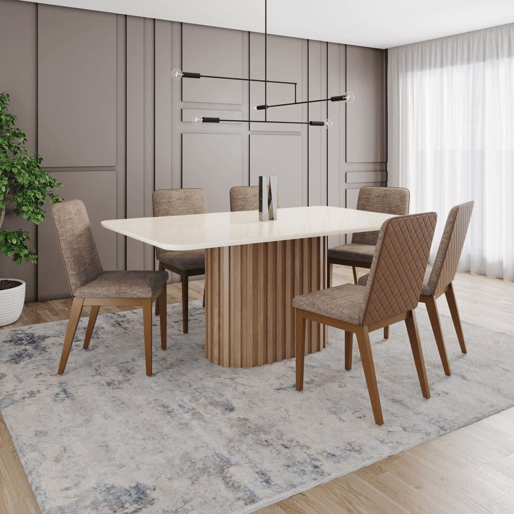 Conjunto Mesa Solana 160cm com Vidro 06 Cadeiras Pietra Marrom/Off White/Caramelo/Cacao