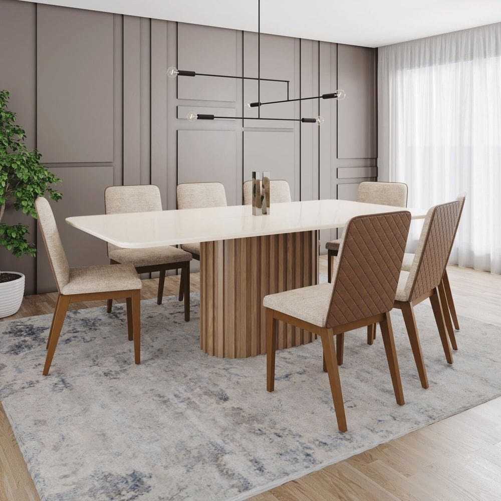 Conjunto Mesa Solana 200cm com Vidro 08 Cadeiras Pietra Marrom/Off White/Caramelo/Creme