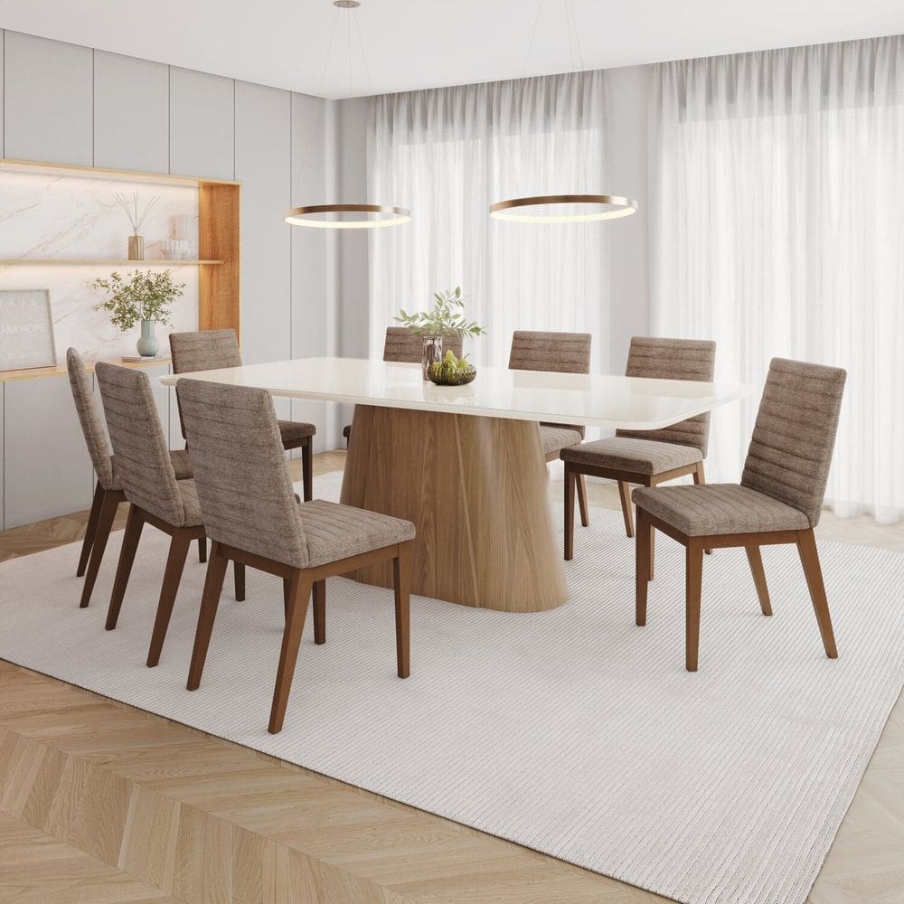 Conjunto Mesa Olívia 200cm com Vidro 08 Cadeiras Elena Marrom/Off White/Caramelo
