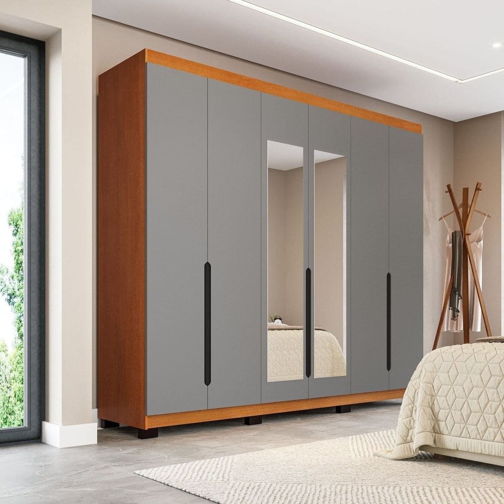 Guarda-roupa Casal 6 Portas com Espelho Madrid Cinza/Freijó