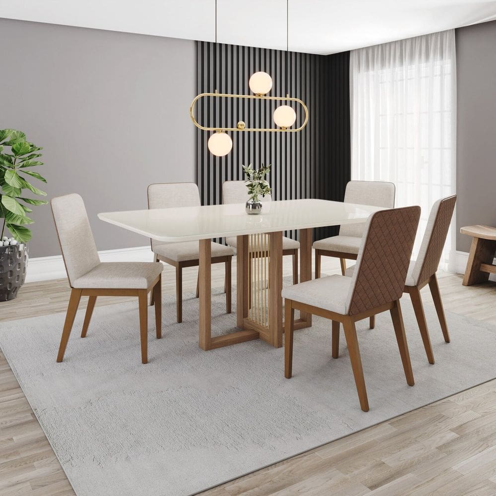 Conjunto Mesa Natalí 160cm com Vidro 06 Cadeiras Pietra Marrom/Off White/Caramelo