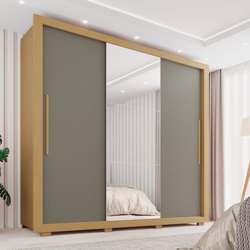 Guarda-roupa Casal com Espelho 3 Portas 4 Gavetas Costa Rica Jequitibá/Granizo