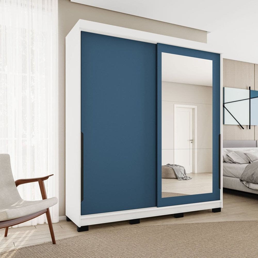 Guarda-roupa Casal 2 Portas Correr com Espelho Madrid Azul/Branco
