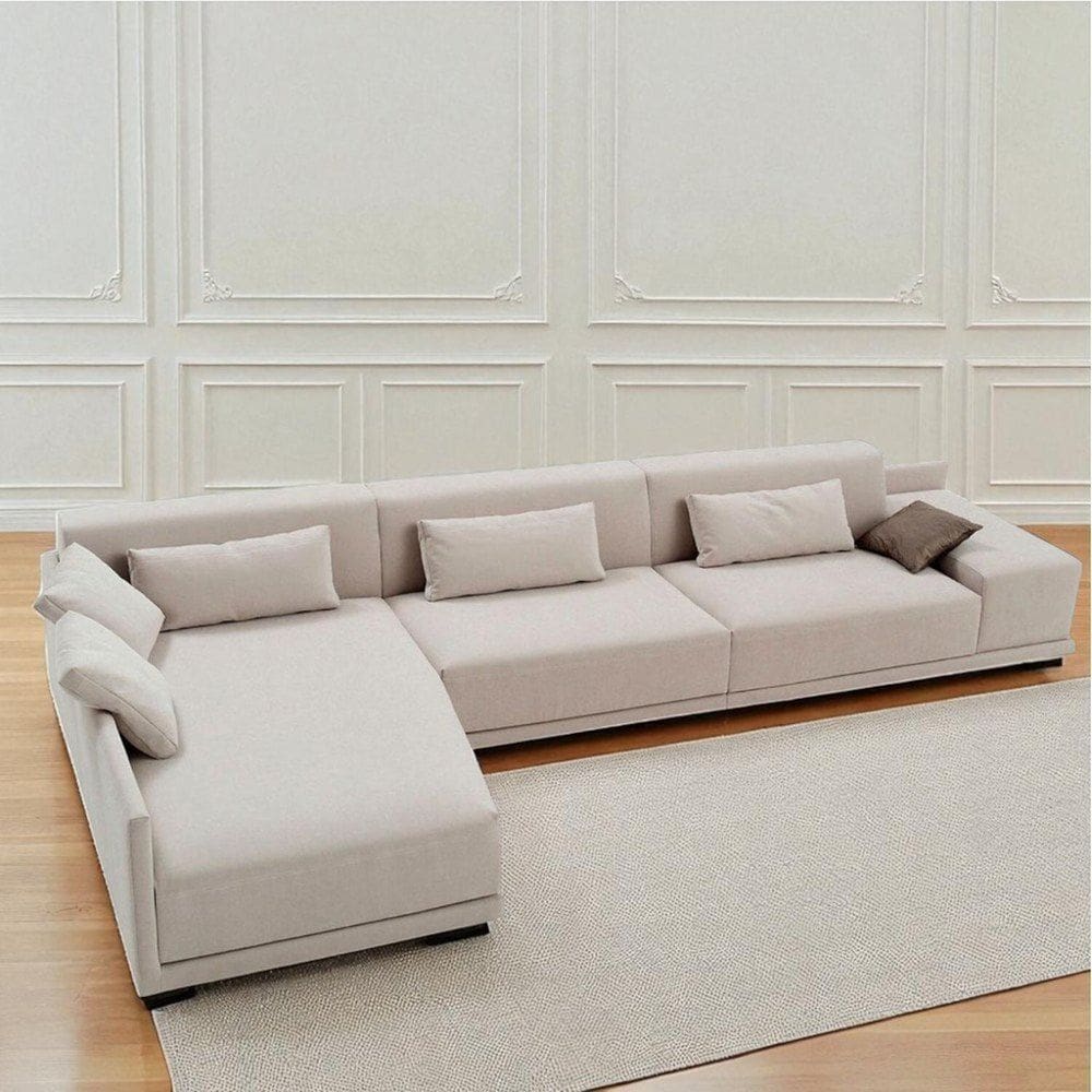 Sofá de Canto 5 Lugares com Chaise Revestimento em Sarja 336x74cm Off White