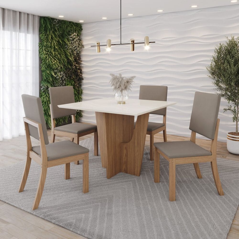 Conjunto Mesa Vértice 90cm sem Vidro 04 Cadeiras Milla Marrom/Off White/Marrom /Amêndoa