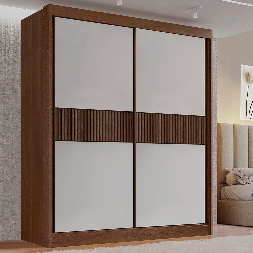 Guarda-roupa Mdf 2 Portas de Correr 3 Gavetas Ripado Milos Castanho/Off White