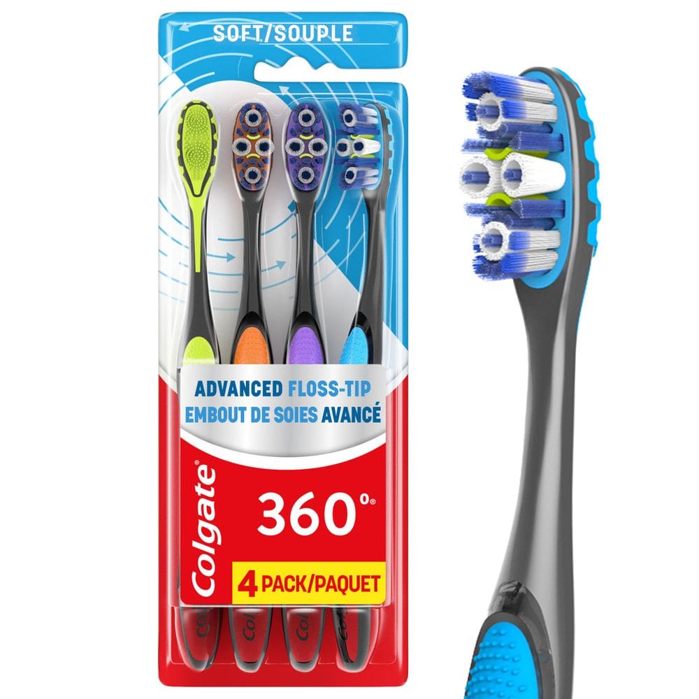 Escova de dentes Colgate 360 Advanced Floss Tip Soft Adults, pacote com 4